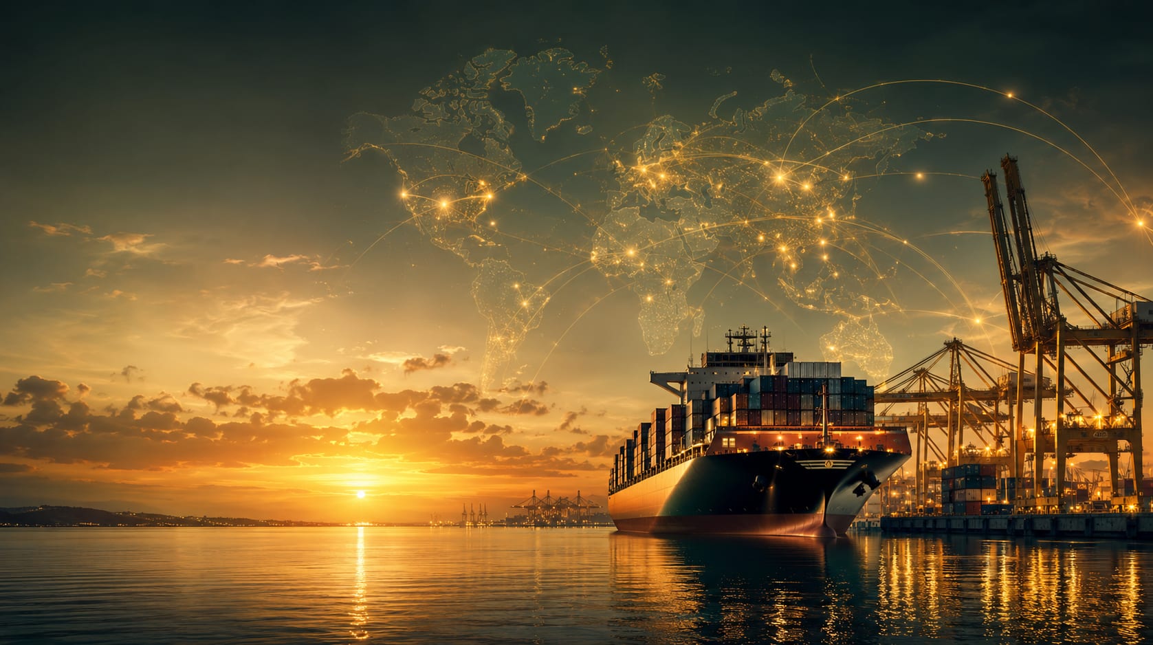 Container port at sunset